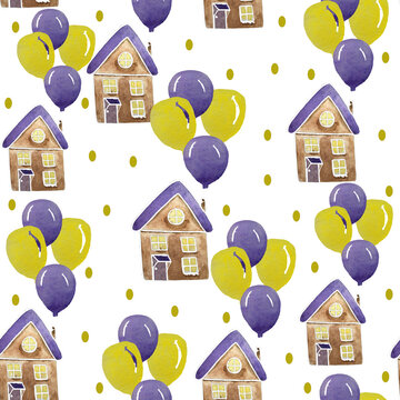 Fantasy house and colorful air balloons seamless pattern. Sweet Home illustration, air balloons on white background. Party design collection