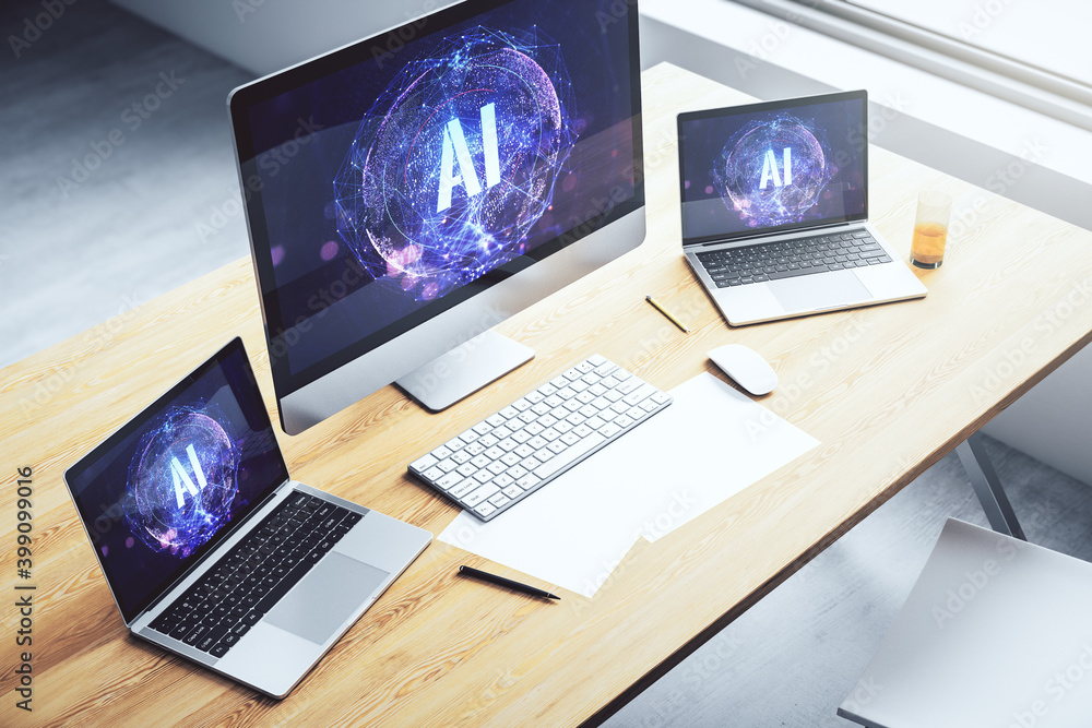 Fototapete creative artificial intelligence symbol concept on modern computer monitor. 3d rendering
