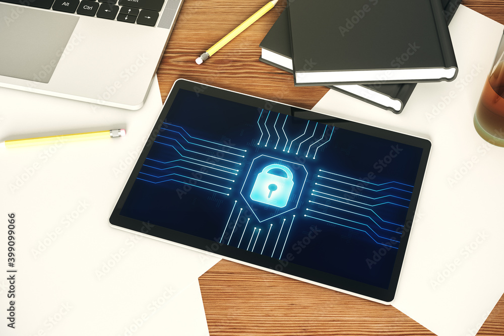 Poster top view of modern digital tablet monitor with creative lock hologram and chip. information security