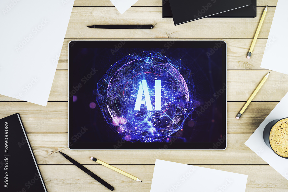 Poster creative artificial intelligence symbol concept on modern digital tablet display. top view. 3d rende