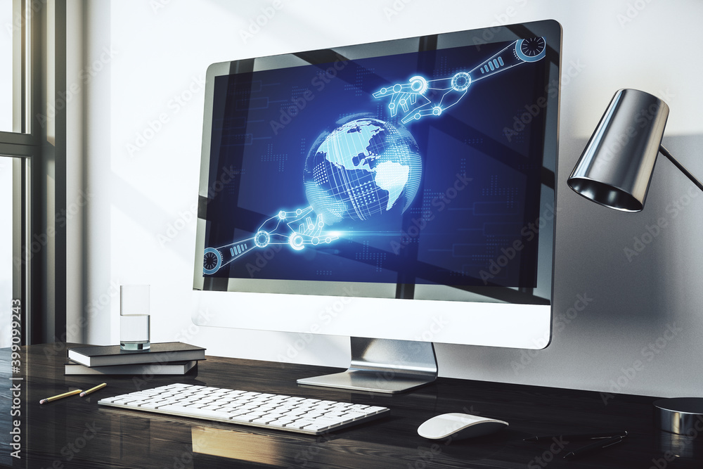 Poster creative concept of robotics technology with globe sketch on modern laptop screen. robot development