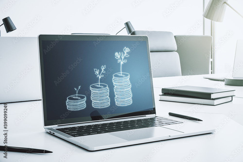 Poster creative abstract cash savings sketch on modern computer monitor, success and solution concept. 3d r