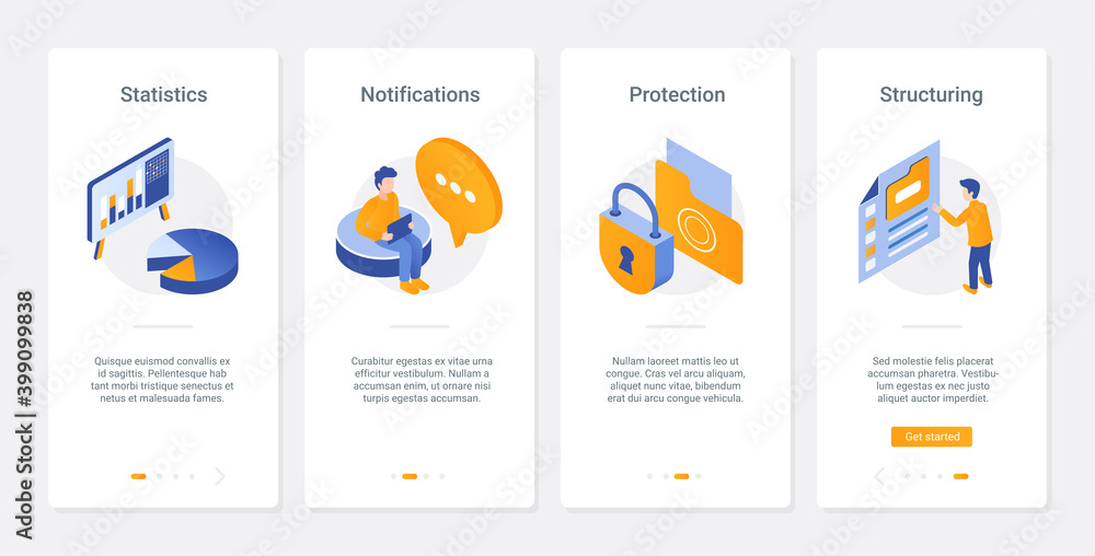 Aufkleber Protection of personal data technology vector illustration. UX, UI onboarding mobile app page screen set with line database analysis, structuring notification to protect confidential information