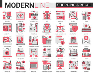 Shopping retail red black complex flat line icon vector illustration set. Commercial shop website app symbols for online order, free shopping delivery, customer web support call center.