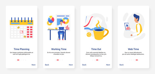 Business time planning strategy for office work and coffee break vector illustration. UX, UI onboarding mobile app page screen set with line planner, businessman working to organize time efficiently