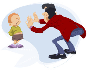 Man calms an angry upset boy. Illustration for internet and mobile website.