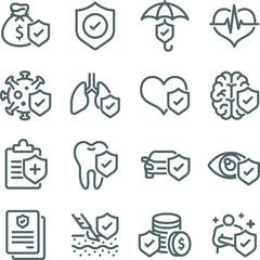 Insurance icon illustration vector set. Contains such icons as an Insurance policy, Dental, Health, Protection, eye, tooth, car, brain, and more. Expanded Stroke