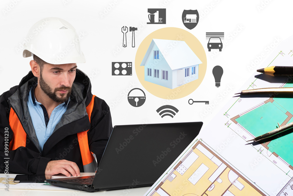 Poster designing a house with smart home technology. an engineer is designing a house. a man in a construct