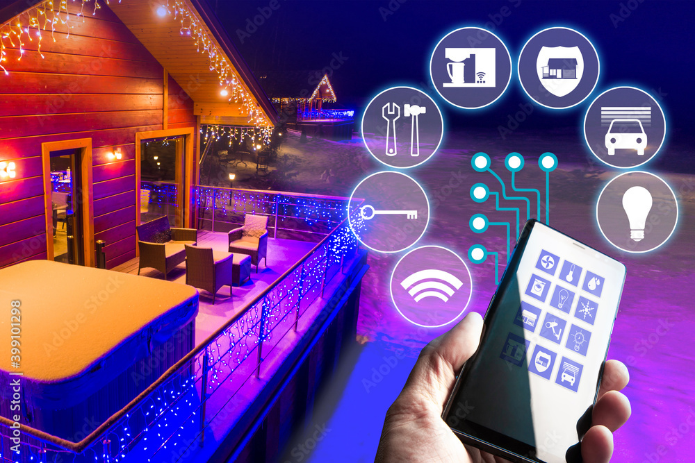 Poster smart home application in smartphone screen. iot control via phone. remote control application for s