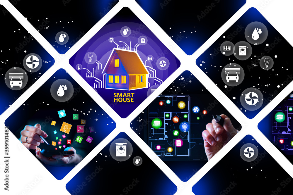 Poster background on theme of smart home. smart home technology symbols on a dark background. iot automatio