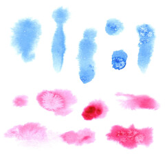 Fototapeta na wymiar Watercolor blue and pink stamps or stains isolated on white background. Abstract watercolor spots and splashes for creative designs