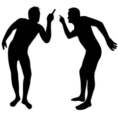 Quarrels and recriminations. Black vector silhouettes of two men. The man points with his finger, leaning forward. White background isolated.