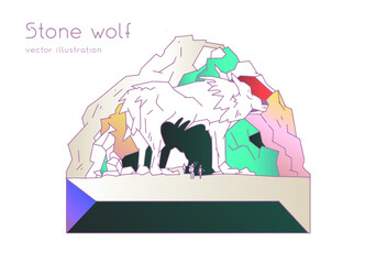 Stone wolf for poster, banner, website. Polygonal wolf in hill, rock. Vector animal illustration in low poly style. Isolated drawing geometric dog in abstract wireframe style. Mountain timberwolf.