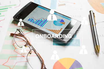 Analysis and research onboarding of financial mobile data on business the chart in office. - 399102070