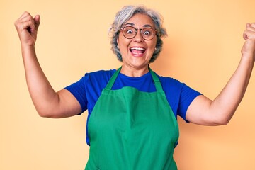 Senior hispanic woman wearing apron and glasses screaming proud, celebrating victory and success...