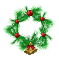 Christmas bells. Christmas tree branches, golden bells, red bow. 3d illustration. Vector illustration