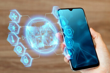 Smartphone and smart home interface hologram. Mixed environment. Automation concept, modern house,...