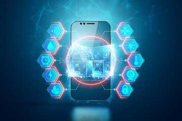 Hologram interface of a smart home in a smartphone on a blue background. Automation concept, modern house, new technologies. 3D rendering, 3D illustration.