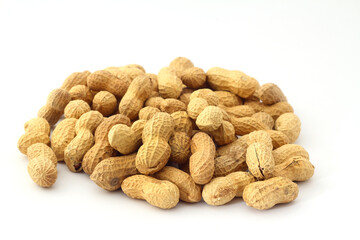 Peanuts in shell on a white background. Top view. Copy, empty space for text