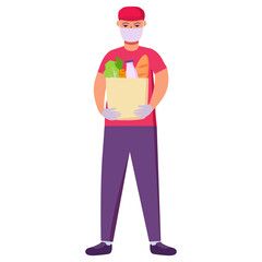 Courier in mask and gloves holds paper bag with groceries.Cartoon character delivery guy.Vector flat .Milk bottle, loaf of bread and salad.Safe food delivery.