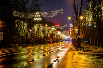 Christmas lights at night on public street