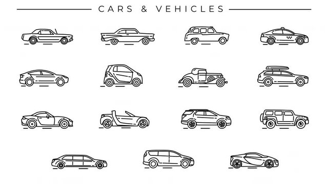 Collection of Cars and Vehicles line icons on the alpha channel.
