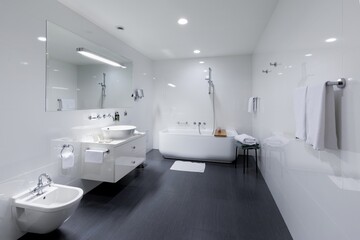 Comfortable white bathtub and sink standing in modern bathroom with white walls and concrete...