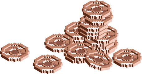 Coins stack vector isometry illustration, flat coin money stacked icon flat, copper penny cash pile, treasure heap isolated