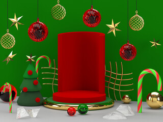 On the green background is a red podium for Christmas, New Year. Christmas ladies, pendant gold links, Christmas tree new year. Gold and red balls. Antigravity geometric shapes with 3D effect.