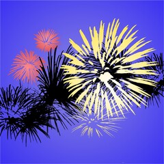 Impressionist fireworks composition, pink, yellow and black bursts on a blue background