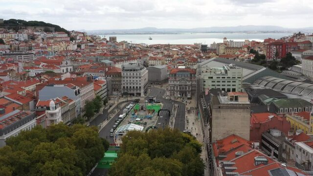 Aerial view of the Lisbon downtown. Video shot by drone, Lisboa, Altis Avenida Hotel and square