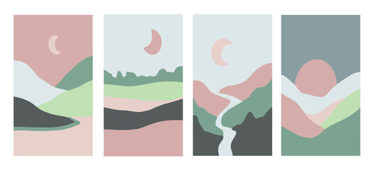 Mountain, river view. Hills, , sun, moon. Paper style. Flat abstract design. Scandinavian style illustration. Set of six hand drawn trendy Vector illustrations. Cool Backgrounds