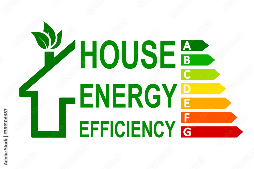 Wall mural energy efficient house concept with classification graph sign, home energy efficiency rating isolate