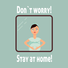 Pregnant woman at home isolated. Concern for the child. Lockdown. Vector illustration