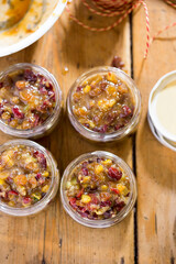 Mincemeat: cranberries, raisins, citrus peel, suet, brown sugar in jars - christmas gift