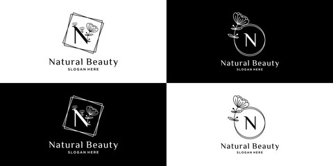 Set of natural beauty frame with initials letter n logo design