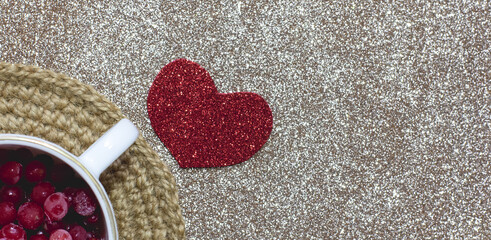 Heart shape paper decoration - cute love declaration. Red heart with white cup, background empty, soft focus