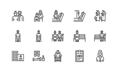 Elderly people and disabled flat line icons set. Vector illustration caring for the elderly. Nursing home and hospice service. Editable strokes.