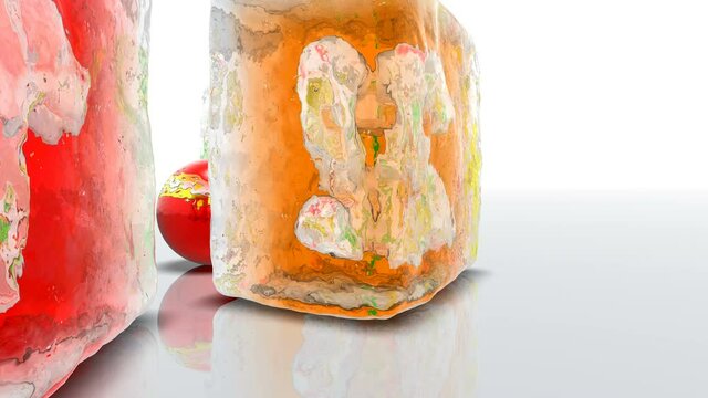 Fly around colorful ice blocks with frozen-in numbers 2021 and Christmas ball. 4k UltraHD 3840x2160.