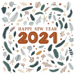Vector design 2021 Happy New Year label, greeting card, invitation. Merry Christmas decoration with branches, leaves, mistletoe, plants,  stars, berries and pine. 