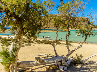 A glimpse through the trees of the turquoise lagoon at Balos Beach, Crete on a bright sunny day