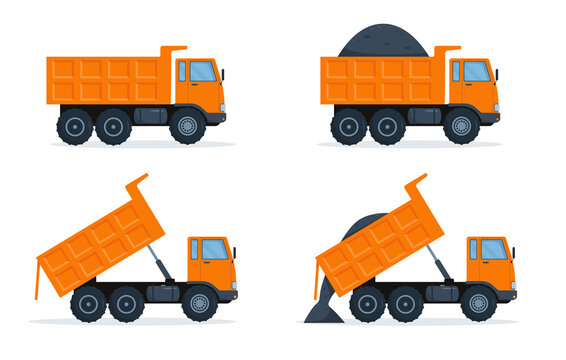 Set of orange dump trucks on white background.