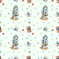 Watercolor seamless pattern with christmas trees, gifts and stars, on a light-grey background.