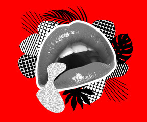 Close up photo of a beautiful sexy lips on red backgound with different shapes illustration, tropical leaves, ideal print for next summer season