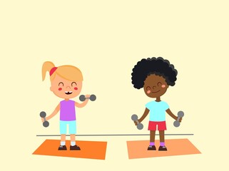 Two children of different skin colours play sports in their hands holding dumbbells