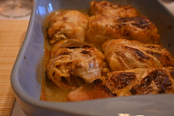 Delicious Serbian traditional dish - sarma (cabbage leaves rolled around minced meat, rice and a blend of spices) ; perfect meal for big family gatherings on weekends
