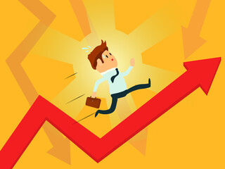 Illustration of a businessman running on the red raising chart arrow. Flat style illustration of competition, hard work and success.