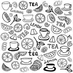 Vector illustration of lemons, lemon slices and tea mugs. Doodle drawing style.
