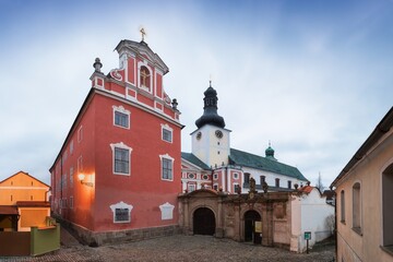 BROUMOV, CZECH REPUBLIC - OCTOBER 10, 2020: View on famous benedictine monastery of Broumov and the...