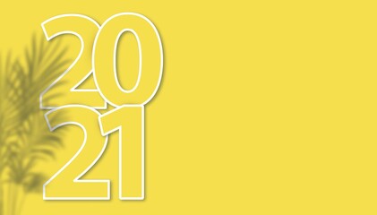 Vector horizontal banner for Happy New Year 2021 on illuminating yellow background. Bright yellow date 2021 with palm leaves shadow and copy space. Modern Christmas minimal design, header, poster.